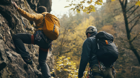 Senior Men Hiking in Mountains with Backpacks and Climbing Gear on Rocky Trail at Sunset. High quality photoの素材