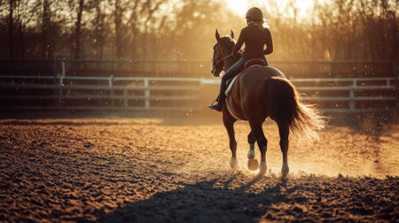 Young Girl Riding a Horse at Sunset in an Equestrian Setting. High quality photoの素材