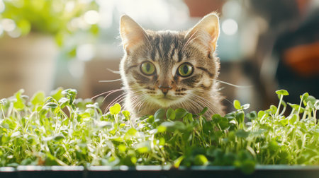 Cute Tabby Kitten Sitting in Tray of Microgreens Looking at Camera. High quality photoの素材