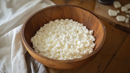 Fresh Cottage Cheese in Rustic Wooden Bowl on Kitchen Table with Linen Cloth. High quality photoの素材