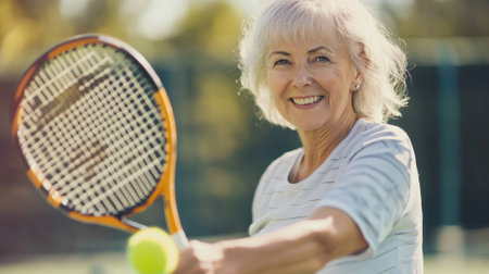 Senior Woman Holding Tennis Racket and Smiling Outdoors on Court. High quality photoの素材