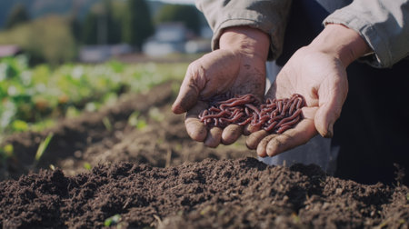 Farmer Holding a Handful of Earthworms in Rich Soil on an Agricultural Field. High quality photoの素材