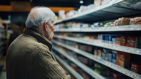 Elderly Man in a Winter Coat and Beanie Thoughtfully Looking at Grocery Store Shelves. High quality photoの素材