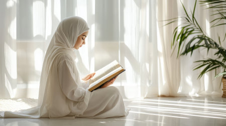 Young Muslim Woman in Hijab Sitting on Floor and Reading Quran in Peaceful Room. High quality photoの素材