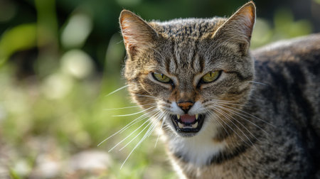 Angry Cat Hissing with Bared Teeth in a Natural Outdoor Setting. High quality photoの素材