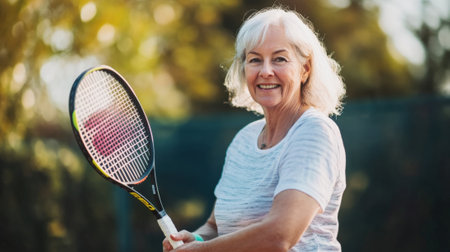 Senior Woman Holding Tennis Racket and Smiling Outdoors on Court. High quality photoの素材