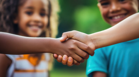 Children Holding Hands in Friendly Gesture Outdoors. High quality photoの素材