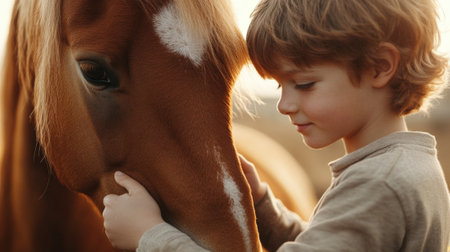 Little Girl Hugging Horse with Eyes Closed in Gentle Moment. High quality photoの素材