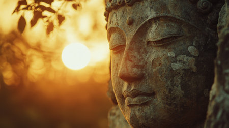 Close-Up of Buddha Statue Face at Sunset with Warm Orange Sky in Background. High quality photoの素材