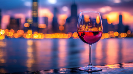 Glass of Red Wine on Waterfront with Blurred City Skyline at Colorful Sunset. High quality photoの素材