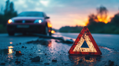Warning Triangle Sign on Wet Asphalt After Car Accident. High quality photoの素材