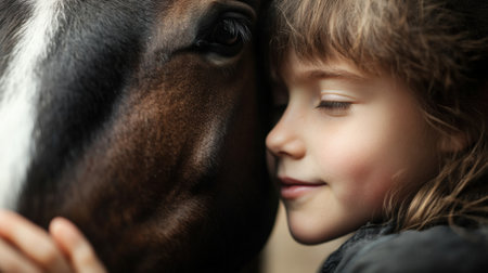 Little Girl Hugging Horse with Eyes Closed in Gentle Moment. High quality photoの素材
