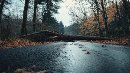 Fallen Tree Blocking Wet Road in Forest After Stormy Weather. High quality photoの素材