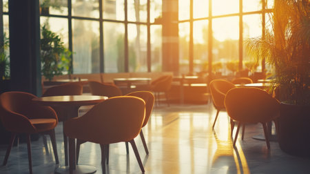 Cozy Modern Cafe Interior with Warm Sunlight Through Large Windows. High quality photoの素材