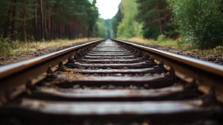 Foggy Railway Tracks Stretching Through Dense Forest Landscape. High quality photoの素材
