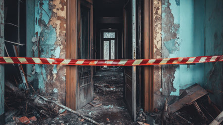 Abandoned Building Interior with Red and White Caution Tape Blocking Entry. High quality photoの素材