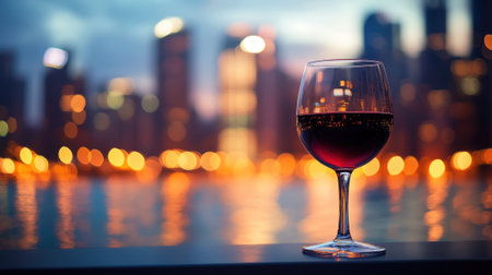 Glass of Red Wine on Balcony with Blurred City Skyline and Reflections at Night. High quality photoの素材