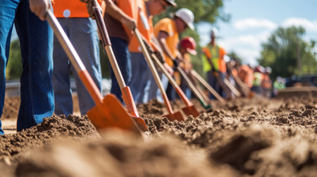 Line of Workers Digging Soil with Shovels on Construction Site. High quality photoの素材