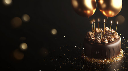 Chocolate Birthday Cake with Candles and Golden Balloons. High quality photoの素材