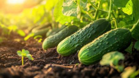 Fresh Green Cucumbers Growing on a Garden Bed in Sunlight. High quality photoの素材