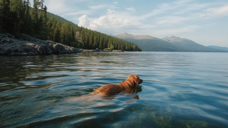 Dog Swimming in a Clear Lake Surrounded by Forested Mountains under Blue Sky. High quality photoの素材