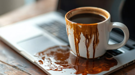 Spilled Coffee on Laptop Keyboard in Morning Light. High quality photoの素材