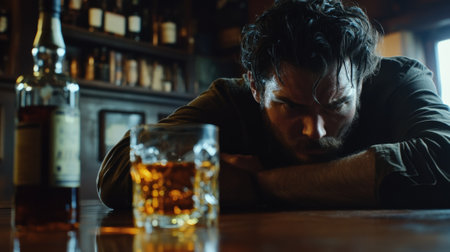 Depressed Man Sitting at Table with Whiskey Bottle and Glass. High quality photoの素材