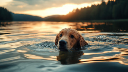 Dog Swimming in a Clear Lake Surrounded by Forested Mountains under Blue Sky. High quality photoの素材