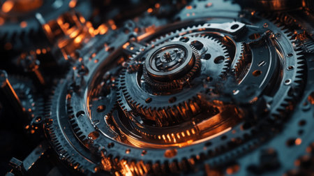 Close Up of Interlocking Metallic Gears in Warm Light. High quality photoの素材