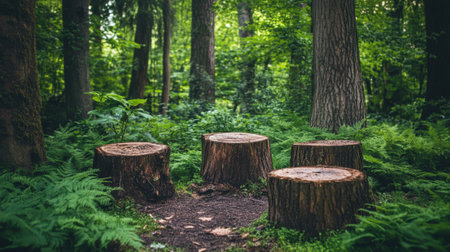 Tree Stumps in a Forest Clearing Surrounded by Green Foliage and Ferns. High quality photoの素材