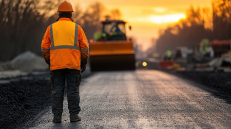 Construction Worker in a High-Visibility Jacket on a Freshly Paved Road. High quality photoの素材