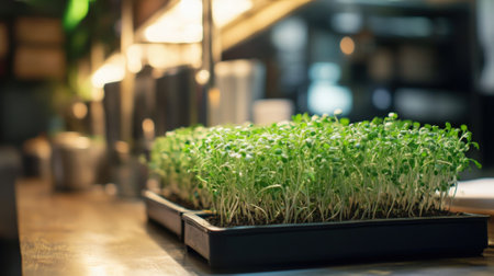 Microgreens Growing in Trays Under Artificial Light Indoors. High quality photoの素材