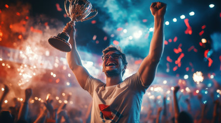 Ecstatic Man Holding a Trophy in a Crowd with Fireworks and Celebration. High quality photoの素材
