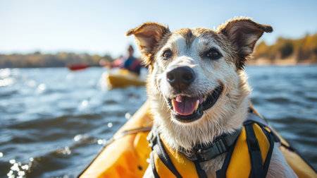 Happy Dog in Life Jacket Enjoying a Kayak Ride on a Sunny Day with Owner. High quality photoの素材