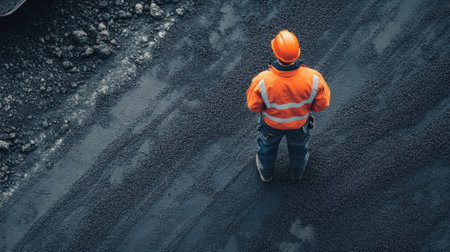 Construction Worker in a High-Visibility Jacket on a Freshly Paved Road. High quality photoの素材