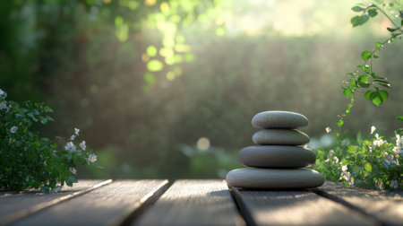 Balanced Stack of Smooth Stones on a Wooden Pathway in a Lush Green Zen Garden. High quality photoの素材