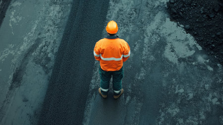 Construction Worker in a High-Visibility Jacket on a Freshly Paved Road. High quality photoの素材