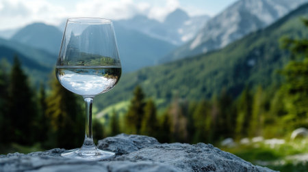 Crystal Clear Glass of Sparkling Water on a Rock with a Scenic Forest Background. High quality photoの素材