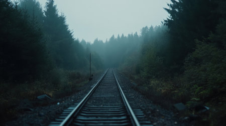 Foggy Railway Tracks Stretching Through Dense Forest Landscape. High quality photoの素材