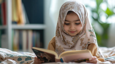 Little Girl in Hijab Reading a Book in Library Setting with Bookshelves in Background. High quality photoの素材