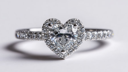 Heart-Shaped Diamond Engagement Ring with Pave Band on White Background. High quality photoの素材