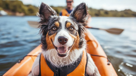 Happy Dog in Life Jacket Enjoying a Kayak Ride on a Sunny Day with Owner. High quality photoの素材