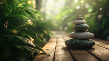 Balanced Stack of Smooth Stones on a Wooden Pathway in a Lush Green Zen Garden. High quality photoの素材