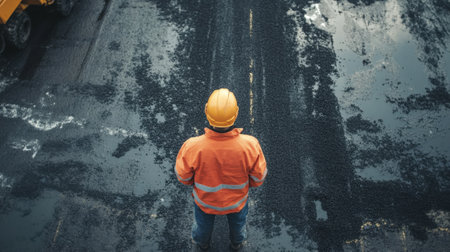 Construction Worker in a High-Visibility Jacket on a Freshly Paved Road. High quality photoの素材
