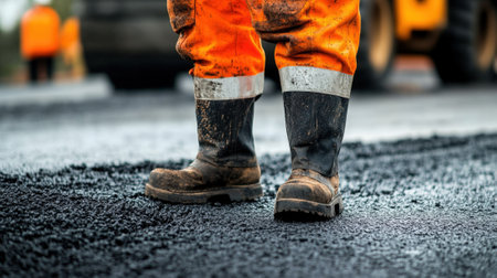 Construction Worker in a High-Visibility Jacket on a Freshly Paved Road. High quality photoの素材
