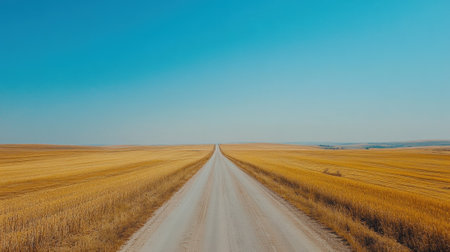 Straight Road Through Golden Fields Leading to Distant Mountains Under a Clear Sky. High quality photoの素材