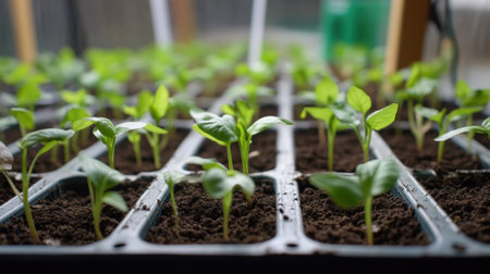 Green Seedlings Growing in Plastic Seedling Trays Indoors. High quality photoの素材