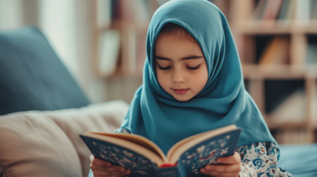 Little Girl in Hijab Reading a Book in Library Setting with Bookshelves in Background. High quality photoの素材