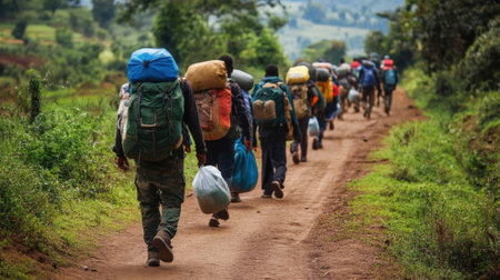 Group of Migrants Walking on a Dirt Road Carrying Bags and Backpacks. High quality photoの素材