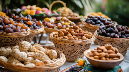 Wicker Baskets Filled with Dates, Nuts, and Dried Fruits at a Local Market. High quality photoの素材